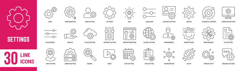 Fototapeta premium Settings thin line icons set. Gear, settings, idea, account, technical support, service, control settings and setup. Vector illustration