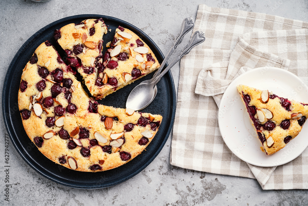 Sticker Homemade cherry cake with almond nuts