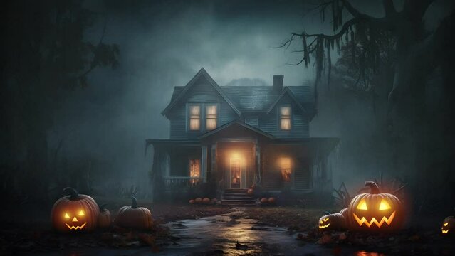 Halloween Tale: Menacing Jack-o-Lanterns with a Haunted House in the mist, creepy night