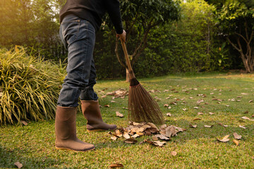 a man Sweeping dry leaves in garden at home