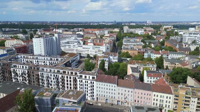 Fabulous aerial top view flight 
CSD Pride Love Parade 2023 in city Berlin Germany Summer day. rotation to right panorama overview drone
4K Cinematic footage.