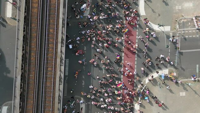 Best aerial top view flight
CSD Pride Love Parade 2023 in city Berlin Germany Summer day. vertical bird's eye view drone
4K Cinematic footage.