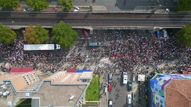 Majestic aerial top view flight 
CSD Pride Love Parade 2023 in city Berlin Germany Summer day. vertical bird's eye view drone
4K Cinematic footage.