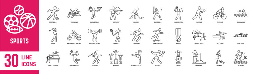 Sports thin line icons set. Football, volleyball, basketball, baseball, soccer, rugby and golf. Vector illustration