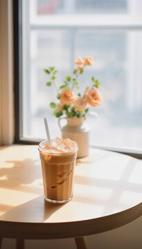 A cup of iced coffee on the table by the window, Generative Ai