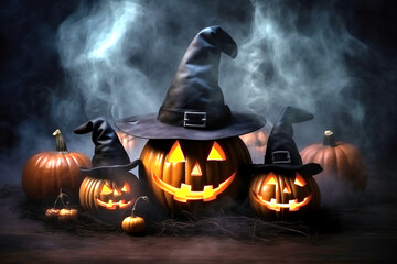 Creepy Halloween grinning pumpkins glow in the dark among the fog. jack-o-lantern in a witch hat on a black background in smoke.