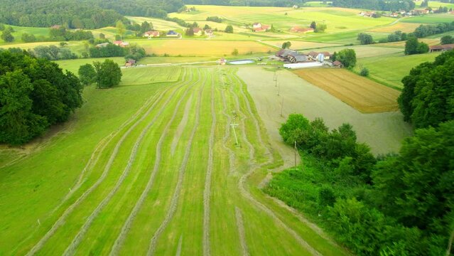Stunning aerial 4K drone footage of municipality of Sv. Tomaž in Prlekija region, Slovenia. Warm video was filmed in summer time at the beggining of the sunset.