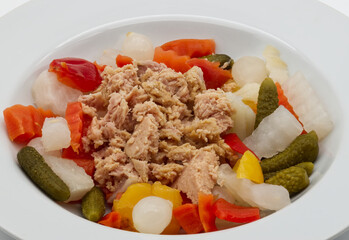 Mediterranean tuna salad. Vegetables summer salad with tuna.