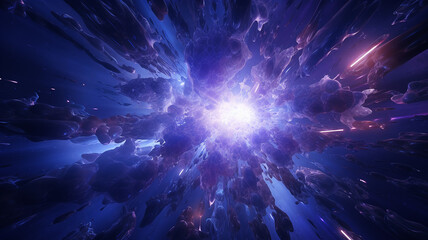 Abstract explosion of violet and blue light background. Generative AI