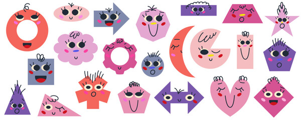 Figure character shape set for math education. Cute smile character geometric for child learn. Figure math with emoji face for kindergarten game. Vector cartoon illustration design.