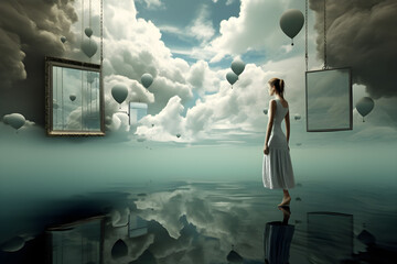 beautiful surreal abstract landscape with lake clouds woman and picture frames
