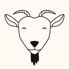 Goat face in doodle style. Cute farm animal.