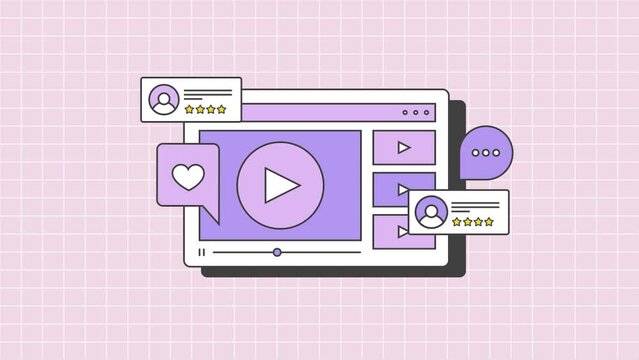 Online user interacts with digital video content, social media video increase engagement rate and new customer, brand promotion video marketing campaign, video animation with purple background.