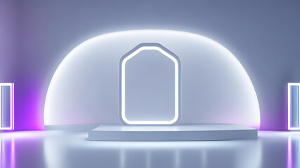 モダンな表彰台、ネオンのバックライト、未来的な背景｜modern podium. Neon backlight. Futuristic background.Generative AI