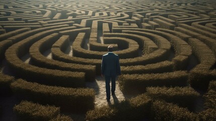 A man stands in a maze and thinks, view from the back. The concept of difficulty in making a decision. AI generated