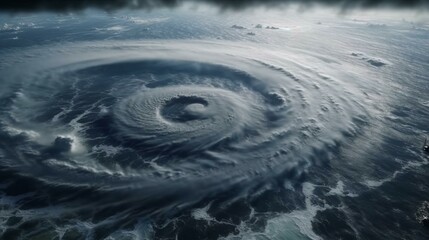 View from space from above on a hurricane tornado swirl of clouds and wind, a storm front of bad weather and natural disaster. AI generated
