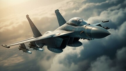 Fototapeta na wymiar Airborne military combat aircraft fighter with weapons. Modern Aviation and Air Force. AI generated
