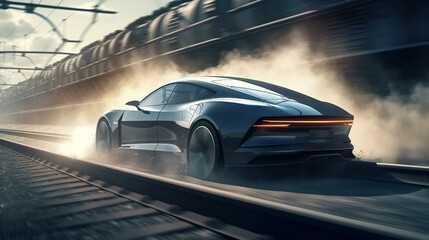 Modern beautiful fast race car sports car is driving fast on the road. AI generated