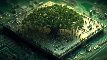 Green natural eco-friendly tree and computer technology on an abstract high-tech futuristic background of microchips and computer circuit boards with transistors. AI generated
