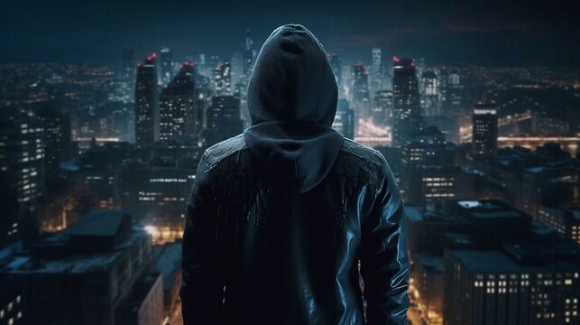 Hacker computer cybercriminal criminal with a jacket and a hood on the background of a big city at night. Concept computer data security. AI generated