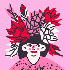 Stylish illustration of a girl with a flower wreath on her head.  Vector print, postcard, design.