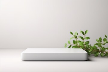White wooden pedestal on a white background with leaves. Product presentation, mockup. Generative AI