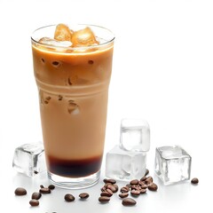 Iced Greek coffee frappe with ice cubes on white background