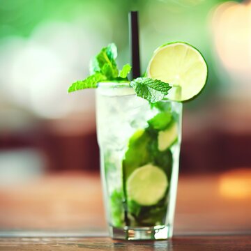 Mojito cocktail with lime on a wooden table. Blur background