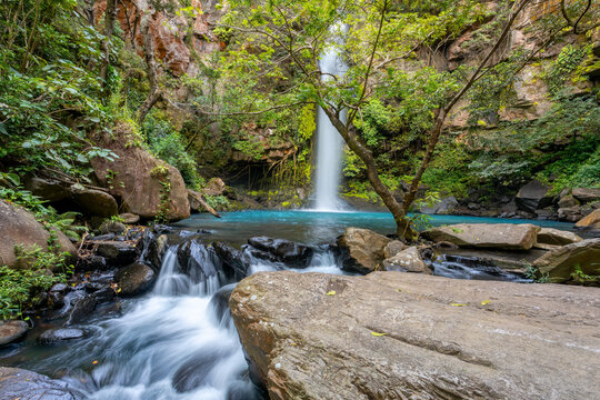 Catarata La Cangreja - Hidden waterfall surrounded by green trees, vegetation, rocks, leaves floating on green and clear water, Rincon de la Vieja National Park, Costa Rica Wilderness
