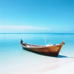 Wooden boat parked on the sea, white beach on a clear blue sky, blue sea