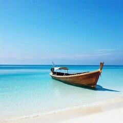 Naklejka na ściany i meble Wooden boat parked on the sea, white beach on a clear blue sky, blue sea