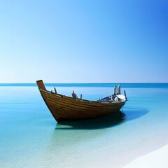 Fototapeta premium Wooden boat parked on the sea, white beach on a clear blue sky, blue sea