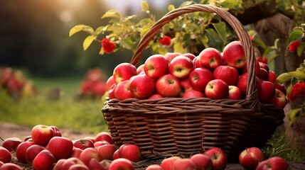 Organic apples in basket. Fresh apples against garden background.  Autumn and harvest concept. Apple garden. Generative AI.