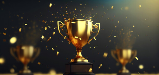 golden trophy award with falling confetti copy space for text background