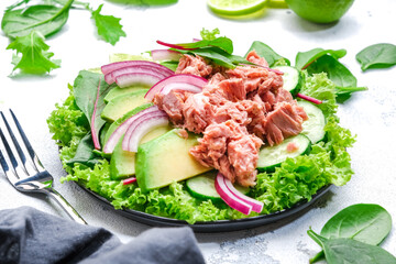 Canned tuna salad with avocado, cucumber, onion, spinach, lettuce and lime. White table background, top view