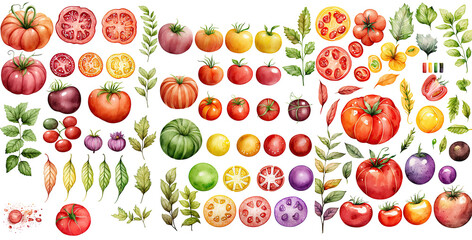 Set of Tomato watercolor collection of hand drawn,  Tomato Green and yellow color,  Tomato elegant watercolor , isolated transparent background, PNG.