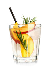 Glass of fresh peach lemonade with rosemary on white background