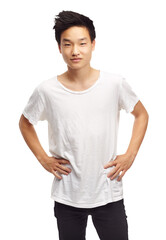 Portrait, asian and teenager with hands on hip in png or isolated and transparent background with fashion. Student, confident and male person with positive mindset or style, casual clothes or tshirt.