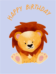 Vector greeting card, Happy Birthday to you quote, cute little lion with balloon, Watercolor. Printable vector banner, greeting card, poster, invitation, postcard