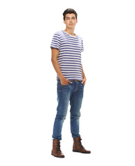 Portrait, male teen and gen z fashion with pose and confidence of teenager. Hipster, trendy and isolated on a transparent, png background with stylish and casual clothing of model person from Spain