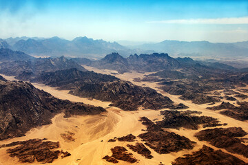 aerial view landscape mountains peaks in desert Horeb mountains in Egypt on Sinai Peninsula - 627948717