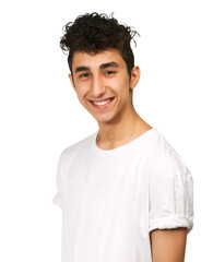 Obraz premium Male teen, happy and smile portrait with gen z, clothes and fashion feeling confident. Face, person and isolated on a transparent, png background with teenager from Israel with modern hipster style