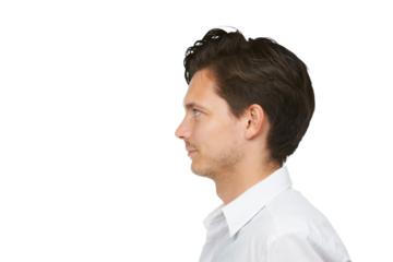 Fashion, worker and profile of man with confidence, thinking and modern fashion pose. Model, male person business, stylish and trendy clothes with confidence isolated on transparent, png background