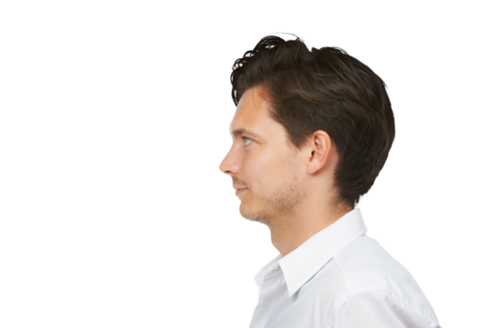 Fashion, worker and profile of man with confidence, thinking and modern fashion pose. Model, male person business, stylish and trendy clothes with confidence isolated on transparent, png background