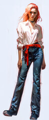 a woman with red hair wearing a white shirt and blue jean