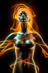 a womans body with glowing neon light wire