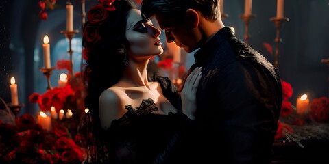 Obraz premium Halloween-themed wedding with a gothic atmosphere, black roses, and a couple dressed as vampires. Generative Ai