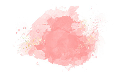 Pastel rose or pink watercolor brush stroke splash with luxury golden frame and glitter gold lines round contour frame for banner or logo wedding elements