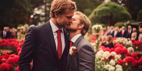 wedding celebration where same-sex couples share hugs and kisses during the ceremony. Generative AI
