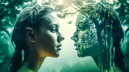 Double exposure woman and tree forest,